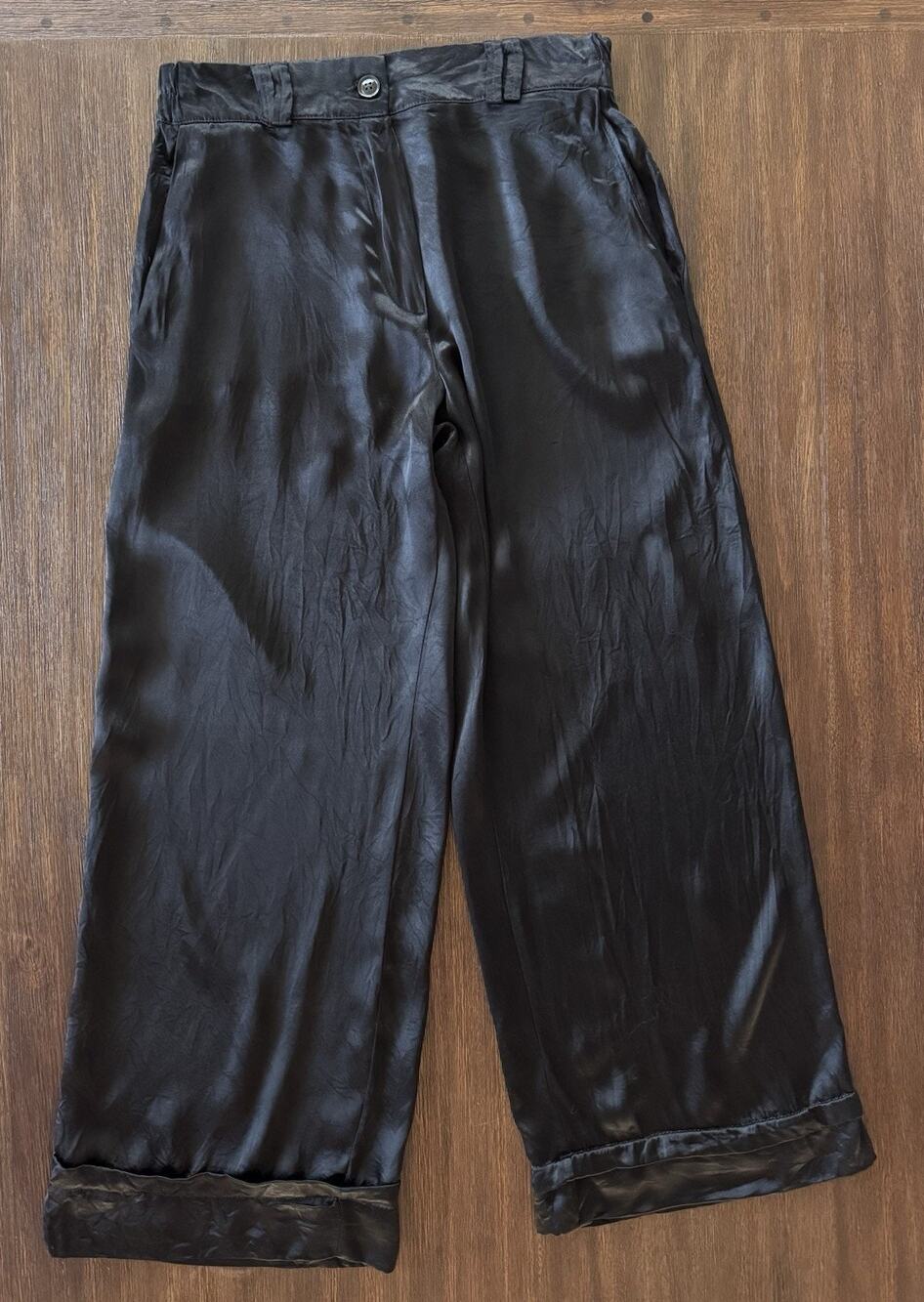 Q2 Satin Wide Legs Pants Black Womens S/M Shiny Italy